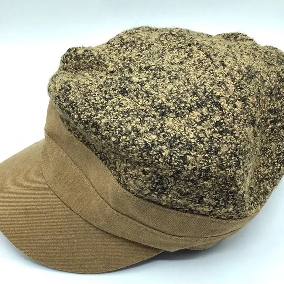 Women's Brown Baker Boy Hat Mixed Tweed & Fabric with 3 buttons on right side - Picture 6 of 9
